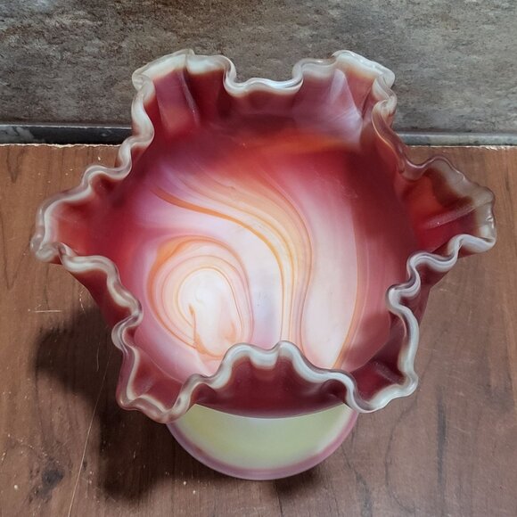 Slag Glass Orange Red Swirl Crimped Candy Trinket Dish - Picture 4 of 11